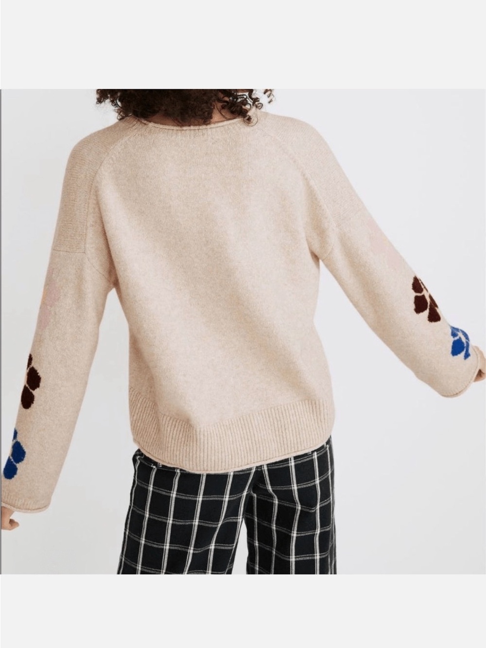 Madewell Beige Floral Sleeves Knit Crewneck Sweater Women’s SMALL - Picture 2 of 7